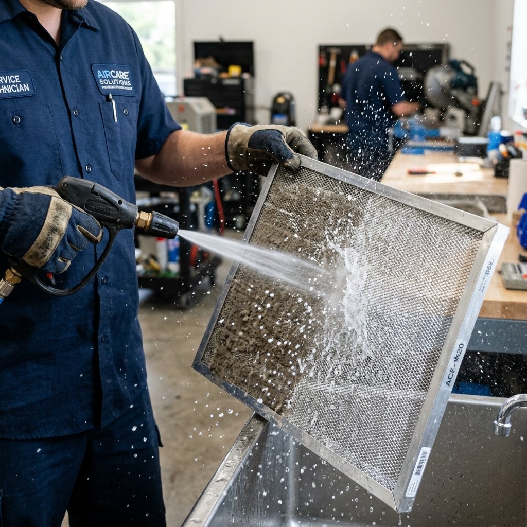 Technician cleaning aircon filter mesh