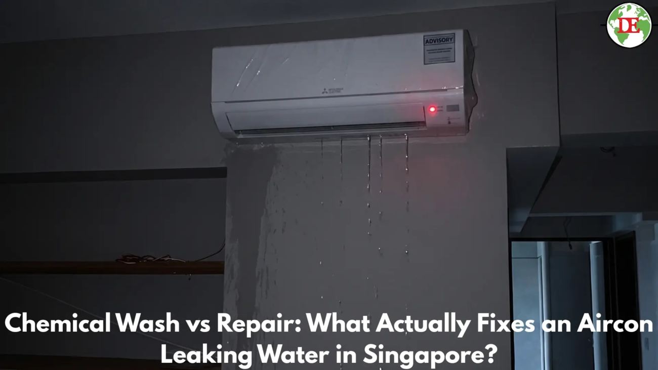 Singaporean homeowner looking at leaking aircon unit dripping water onto parquet floor inside an HDB flat