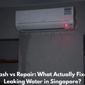 Singaporean homeowner looking at leaking aircon unit dripping water onto parquet floor inside an HDB flat