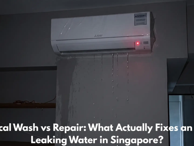 Singaporean homeowner looking at leaking aircon unit dripping water onto parquet floor inside an HDB flat