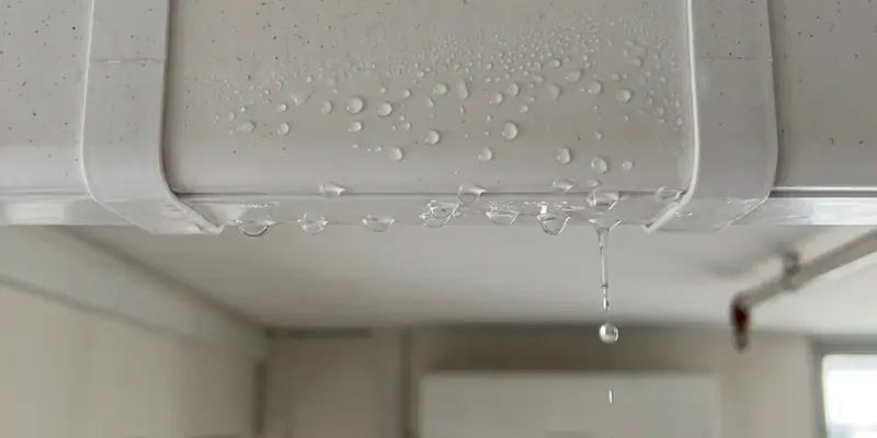 Condensation water droplets forming on the outside of white PVC aircon trunking along a Singapore HDB ceiling, indicating degraded pipe insulation