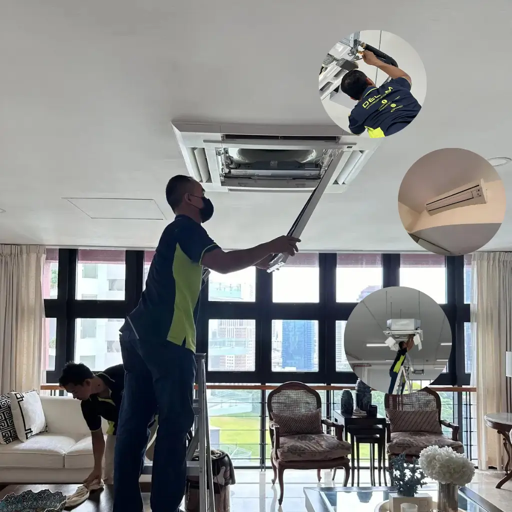 A professional infographic webpage panel from "Decom" aircon services, titled "What’s Included in an Installation Package." On the left, a large photograph shows masked technicians in branded shirts installing a ceiling-mounted aircon unit in a high-end apartment overlooking a city skyline. Three small circular detail photos are highlighted with red arrows pointing from the corresponding descriptive text paragraphs on the right. The top circular detail shows hands securely working on pipes or brackets; the middle circle displays clean, concealed aircon trunking running along a wall; and the bottom circle details a compressor unit base positioned with a vibration-damping mount. The main text to the right outlines that the package includes indoor blowers, the outdoor unit, full labor, brackets securely fastened to HDB or BCA standards, efficient trunking routing and concealment, and proper compressor placement with vibration mounts to prevent rattling noise.