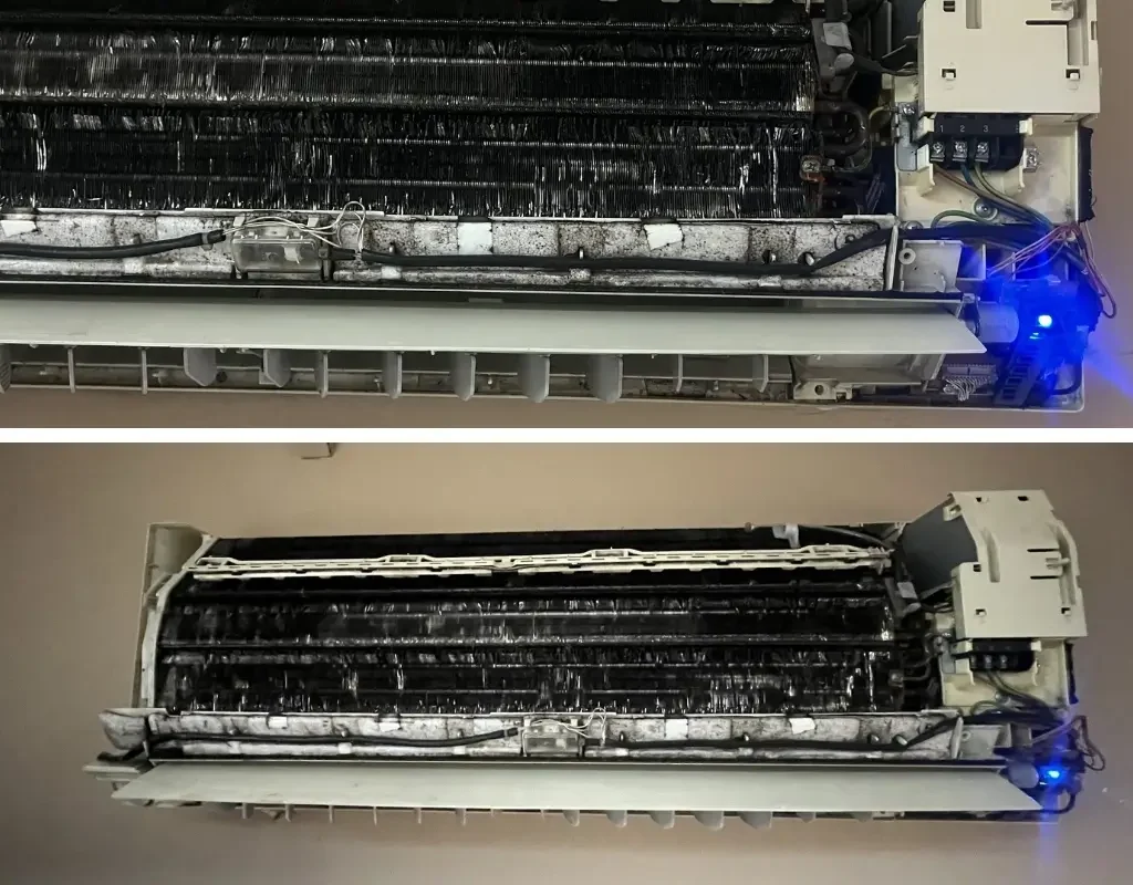 Water dripping from wall-mounted aircon unit creating wet patch on parquet floor in Singapore home