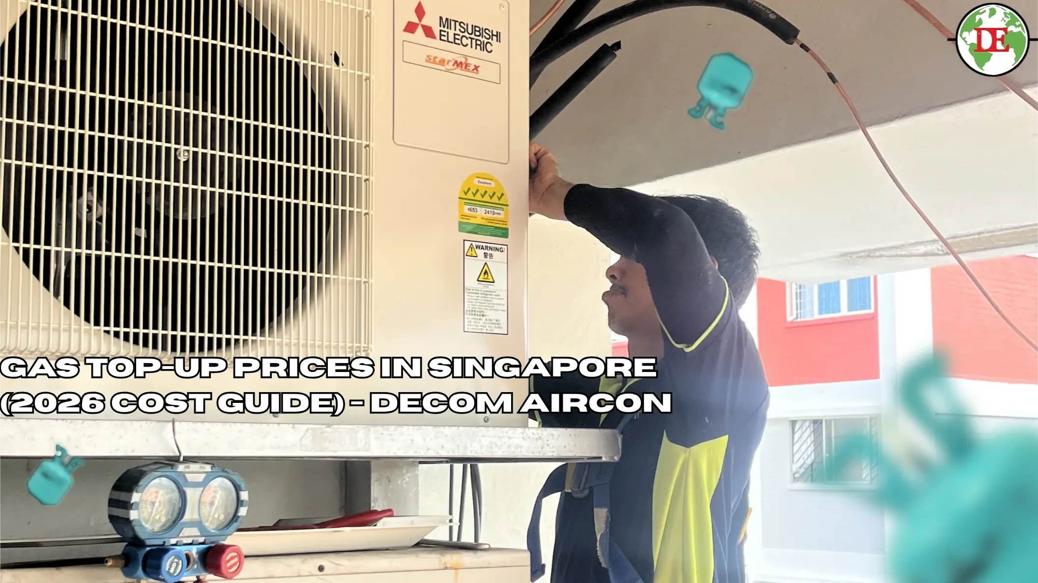 Aircon technician using pressure gauge manifold set to check refrigerant level on outdoor compressor unit in Singapore HDB flat