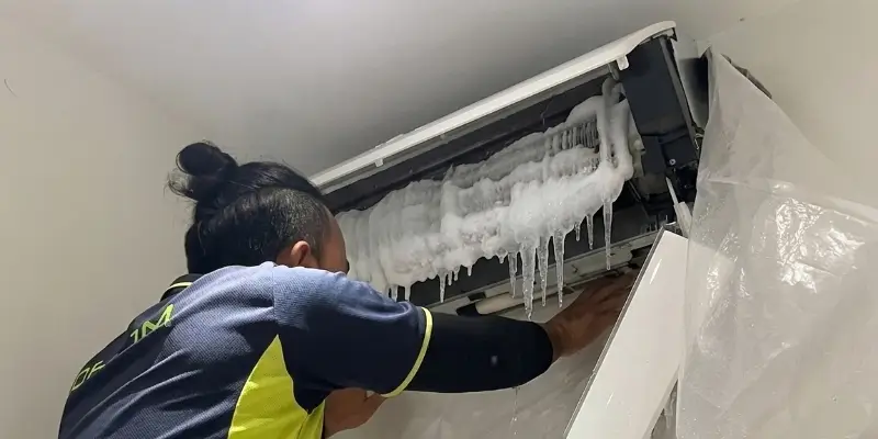 Ice forming on aircon evaporator coils inside HDB unit indicating low R32 refrigerant gas pressure Singapore