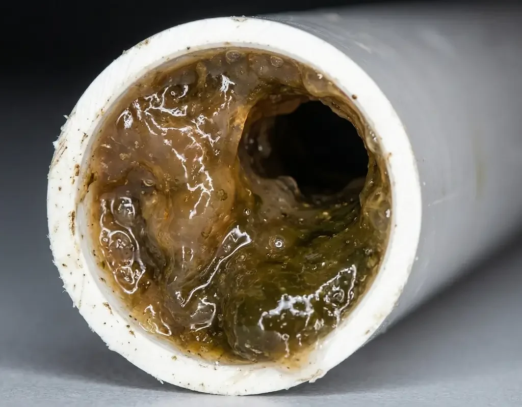 Cross-section of a clogged white PVC aircon drainage pipe blocked by brownish algae sludge jelly in Singapore