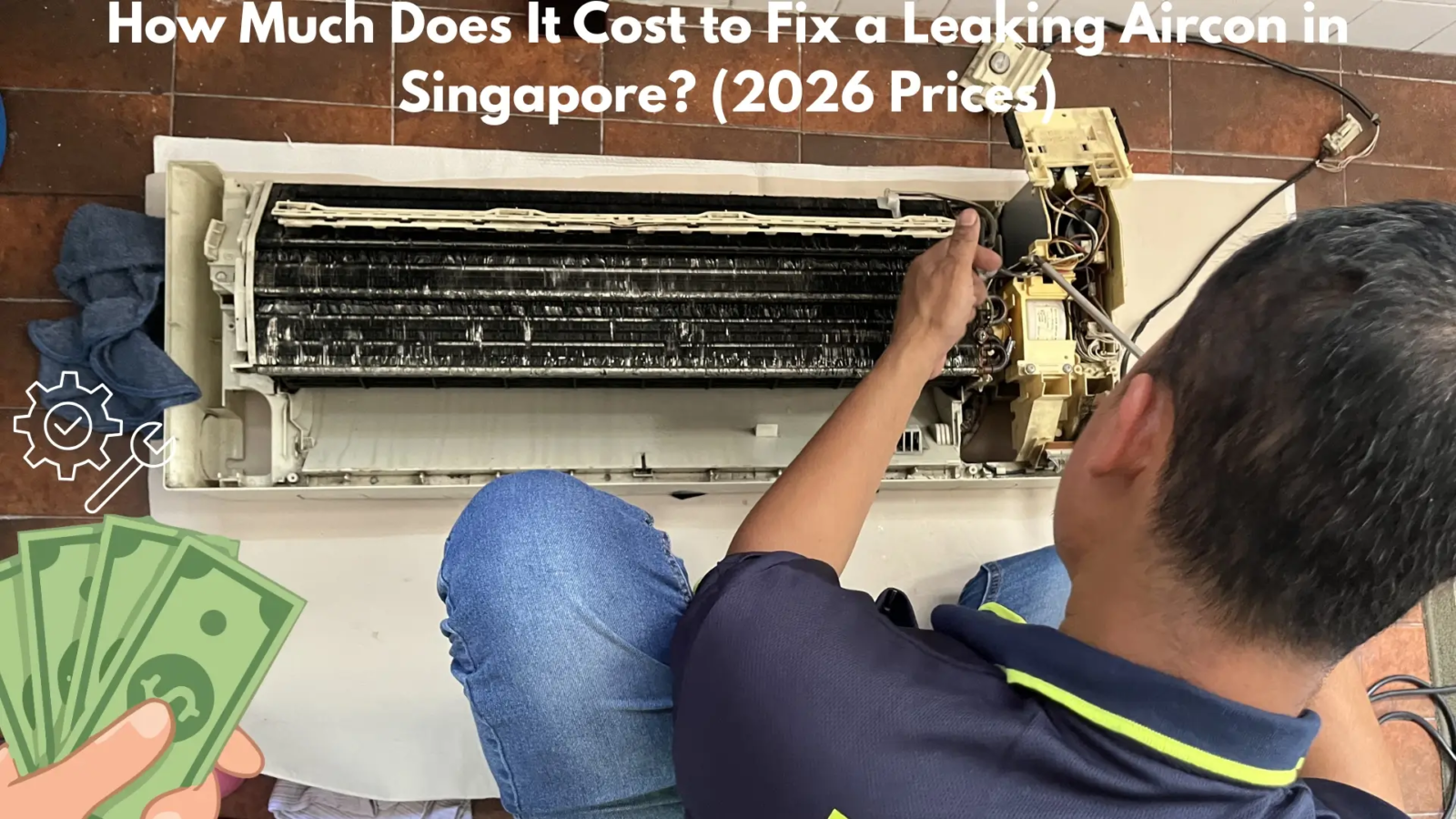 Aircon technician toolkit with price notepad showing Singapore repair costs in SGD 2026