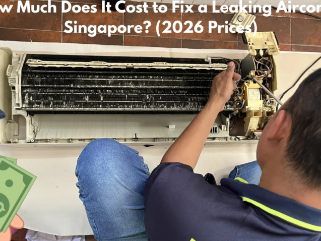 Aircon technician toolkit with price notepad showing Singapore repair costs in SGD 2026