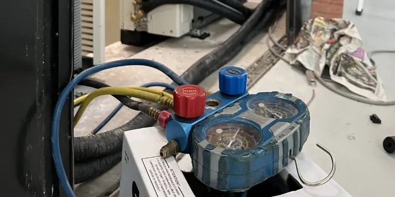 Manifold gauge pressure test on aircon outdoor unit checking R32 refrigerant levels Singapore