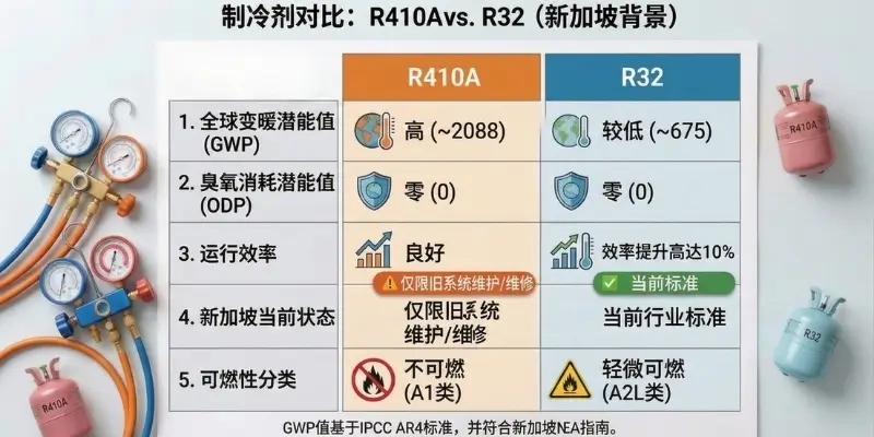 R32 vs R410A refrigerant comparison chart Singapore showing GWP efficiency and phase-down status Chinese version