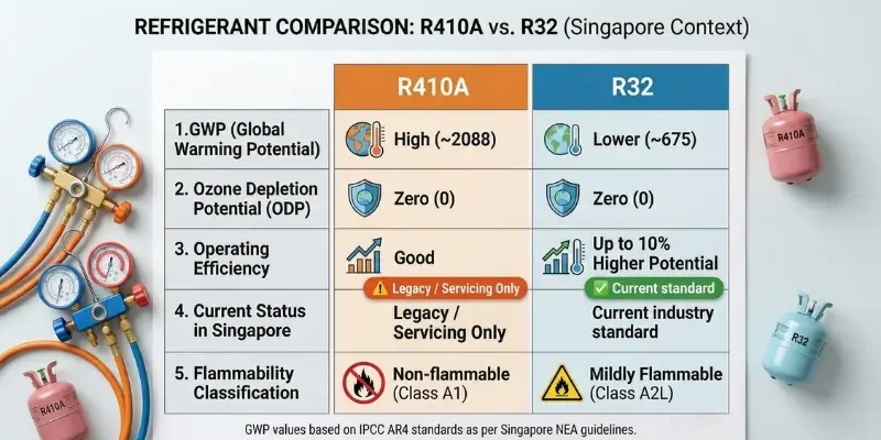 R32 vs R410A refrigerant comparison chart Singapore showing GWP efficiency and phase-down status
