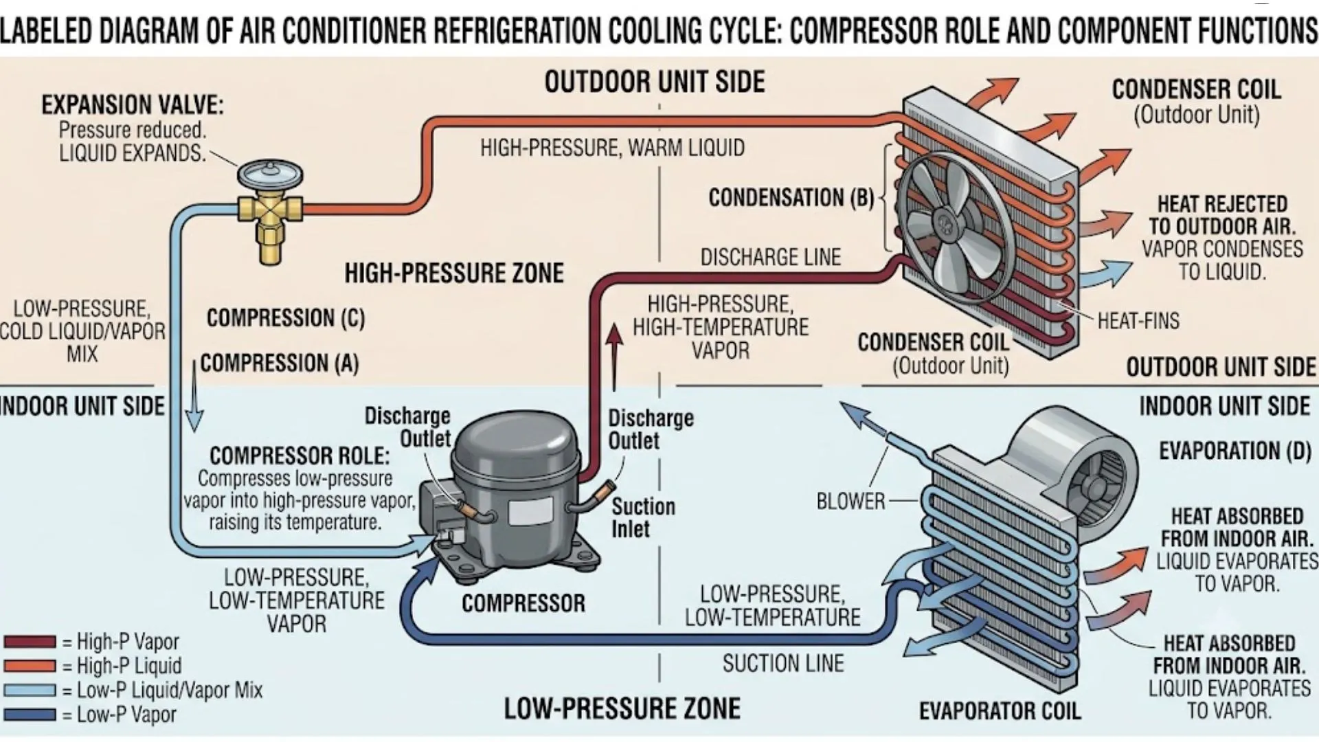 Diagram of air conditioner refrigerant cooling cycle showing compressor role
