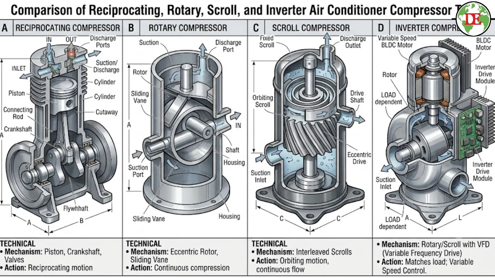 Comparison of reciprocating rotary scroll and inverter air conditioner compressor types