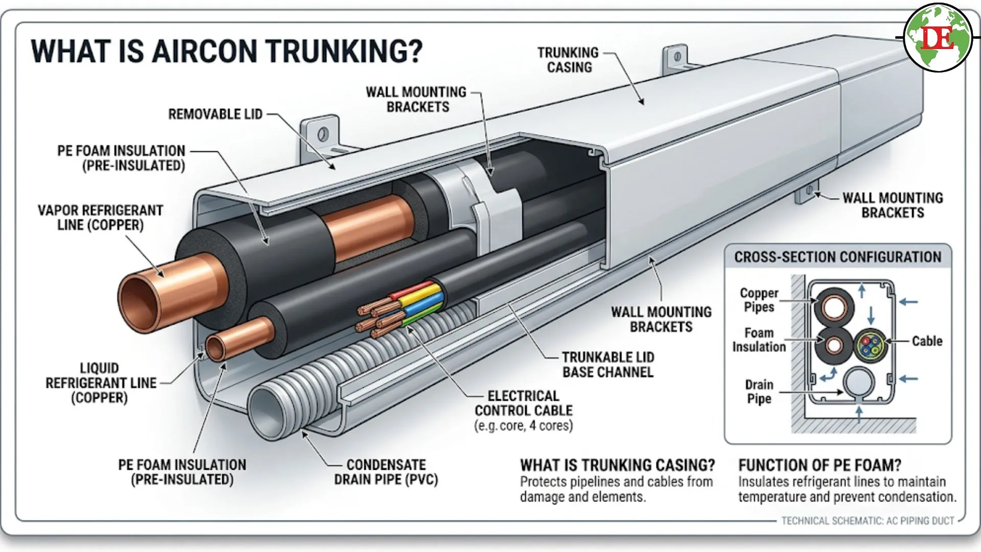Labeled diagram of aircon trunking components copper pipe drain cable insulation