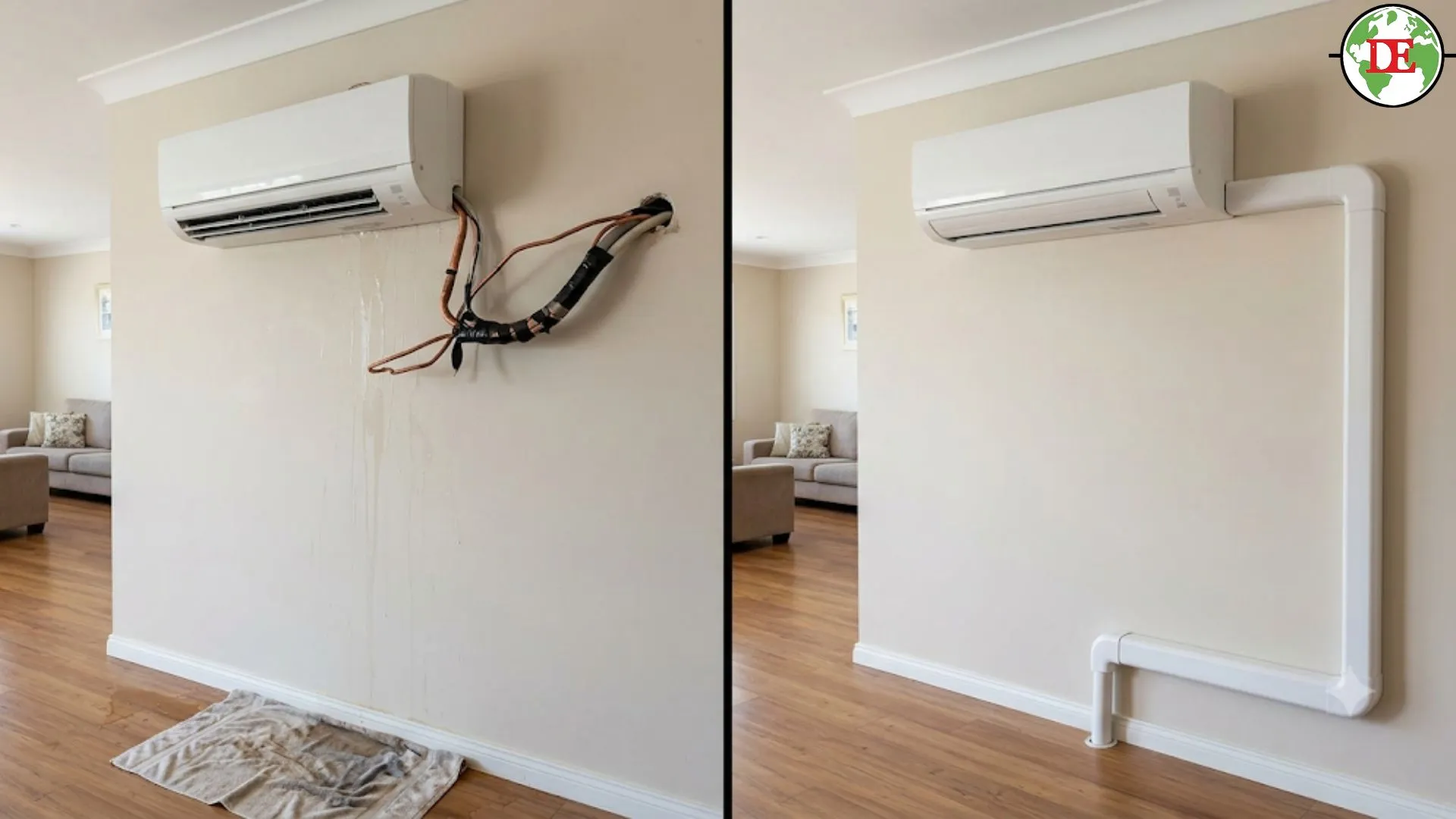 Correct versus incorrect air conditioner relocation installation.