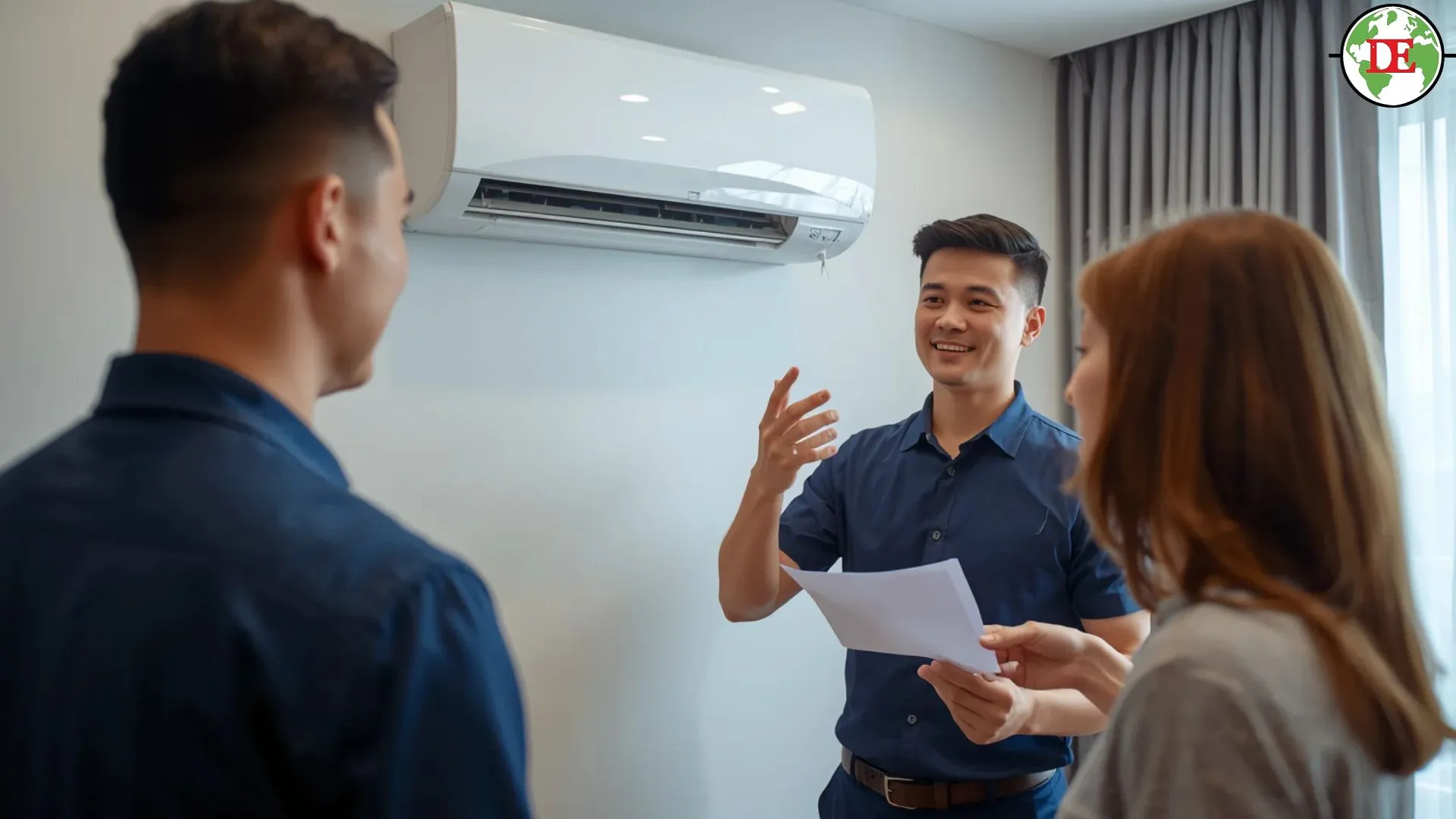 Aircon technician explaining relocation questions to a homeowner.