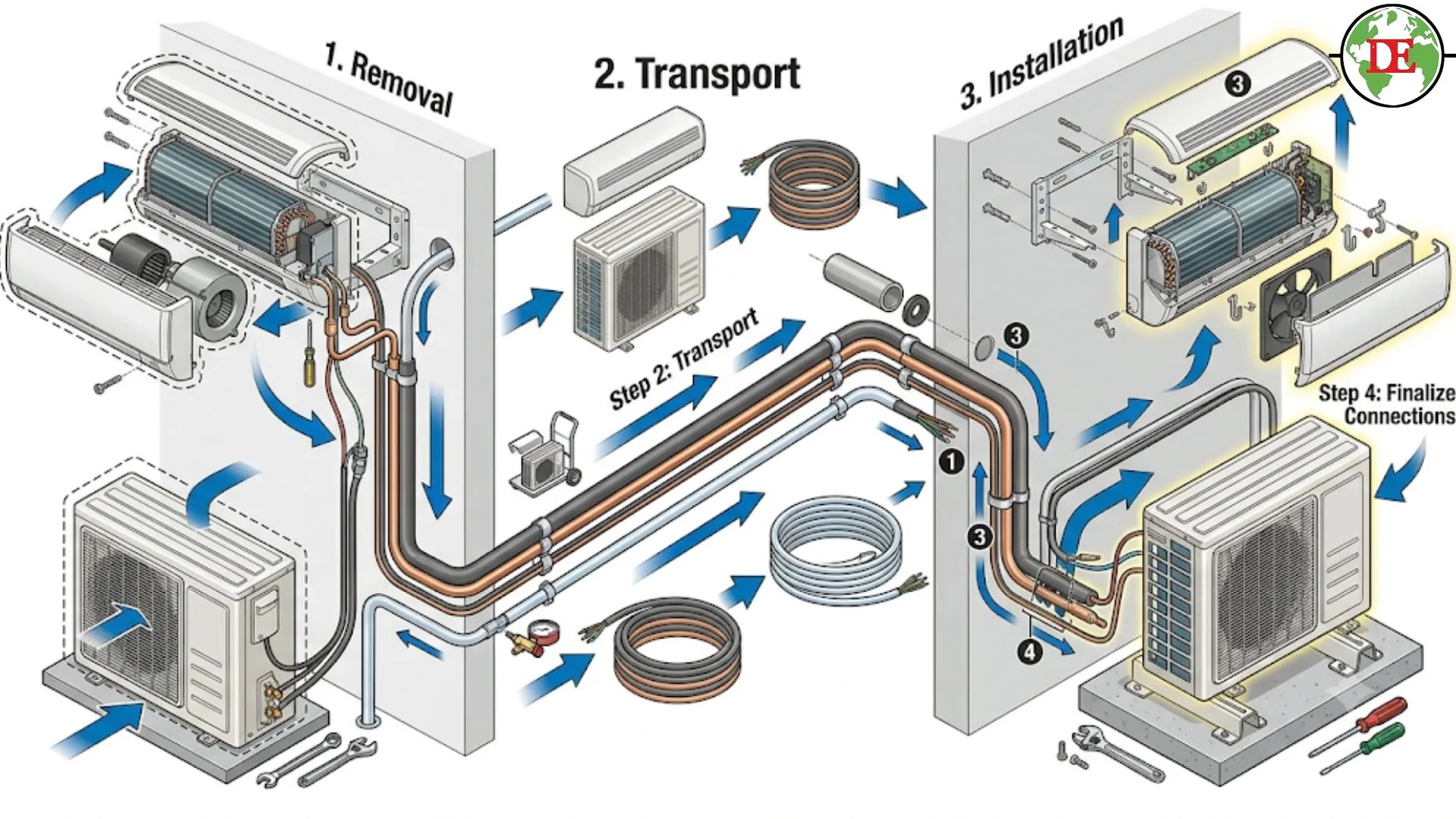 Diagram showing the components involved in an aircon relocation process.